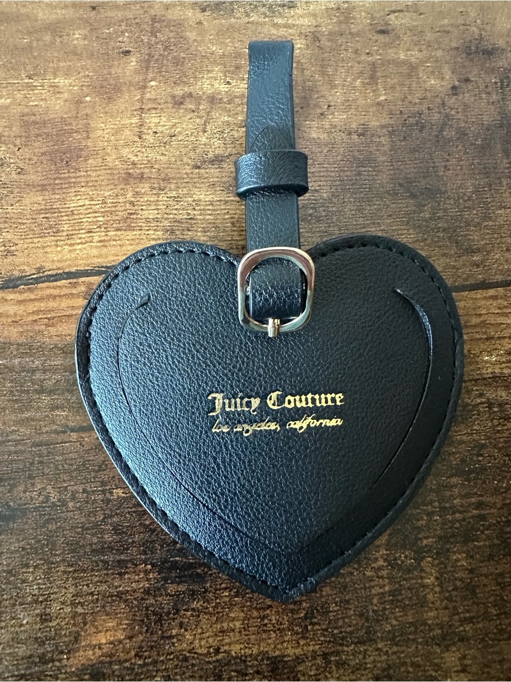Juicy Couture Black Faux Leather Heart Luggage Tag with Gold Logo & Buckle NWOT